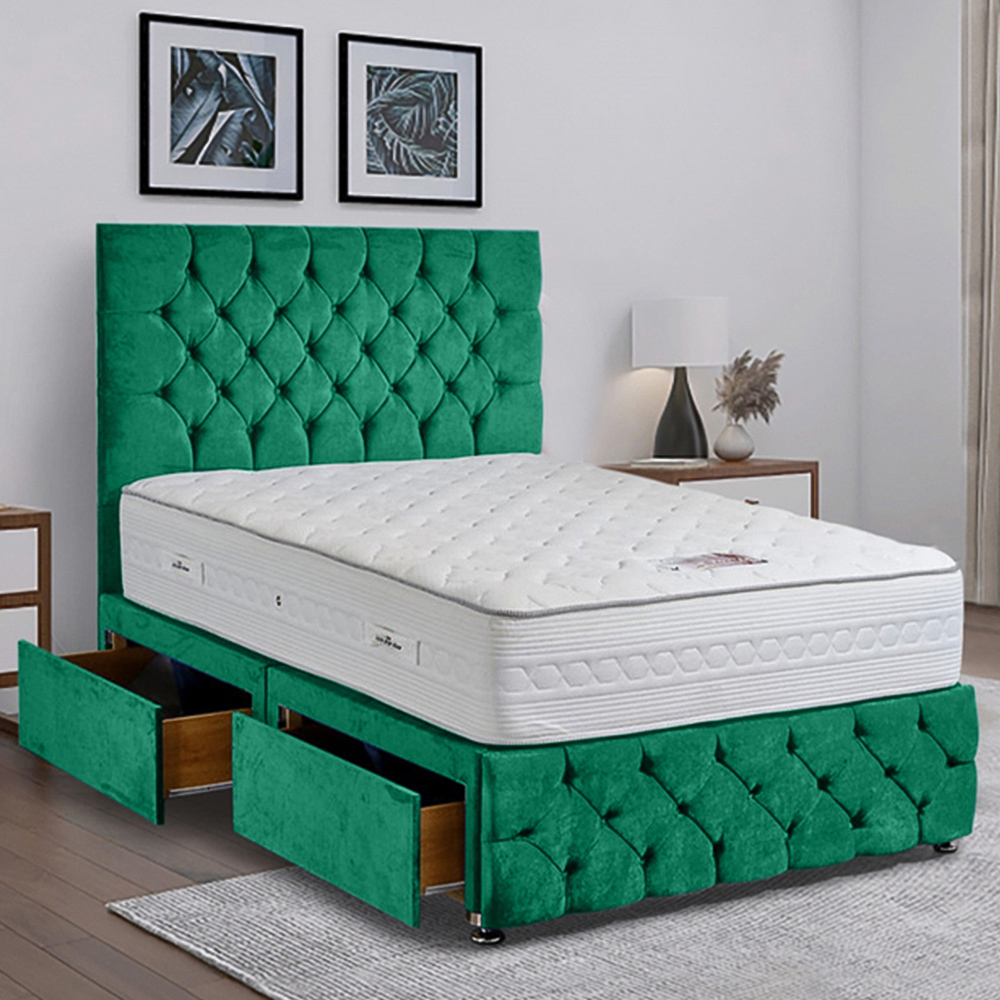 Eleganza Home Comfyzone Super King Size Emerald Plush Velvet Divan Bed with Chesterfield Headboard Image 1