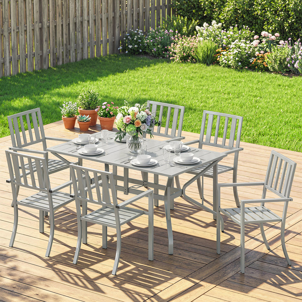 Outsunny 6 Seater Patio Stackable Dining Set with Umbrella Hole Light Grey Image 3
