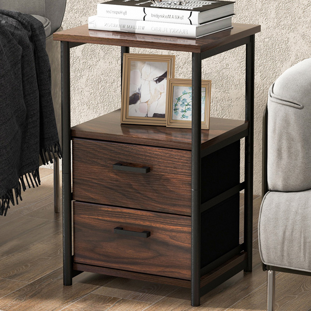 Costway 2 Drawer Single Shelf Rustic Brown Metal Frame Bedside Table Image 1