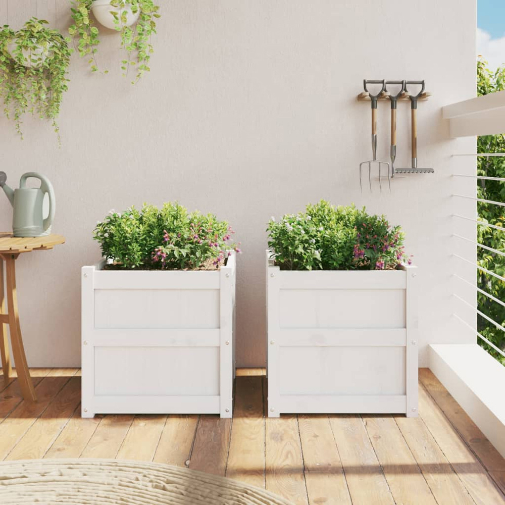 vidaXL White Solid Pine Wood Garden Planter 50cm 2 Pack Image 2
