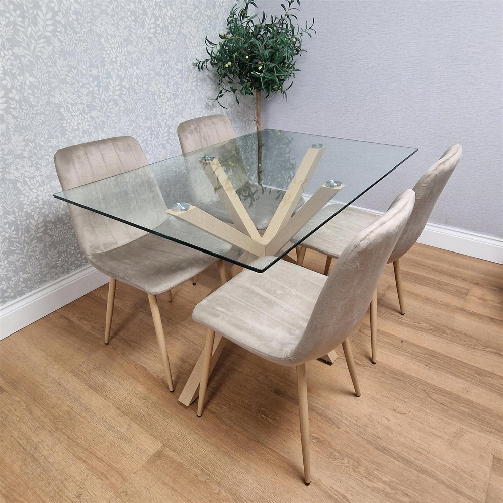 Kosy Koala 4 Seater Tempered Glass Velvet Dining Set Beige Image 6