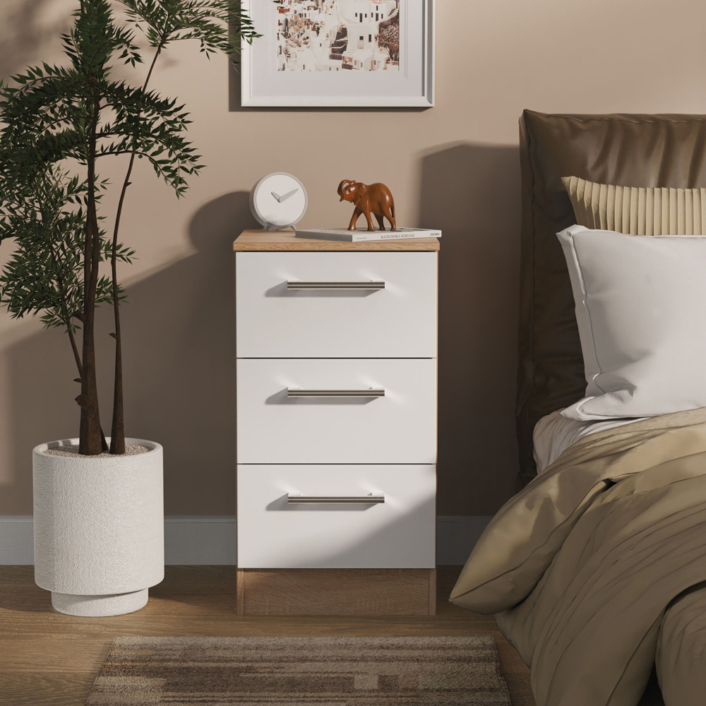 Crowndale Devon 3 Drawer Matt White and Bardolino Oak Bedside Cabinet Ready Assembled Image 7