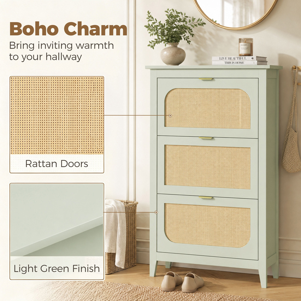 HOMCOM 3 Flip Door Green Rattan Boho-Style Slim Shoe Cabinet Image 5