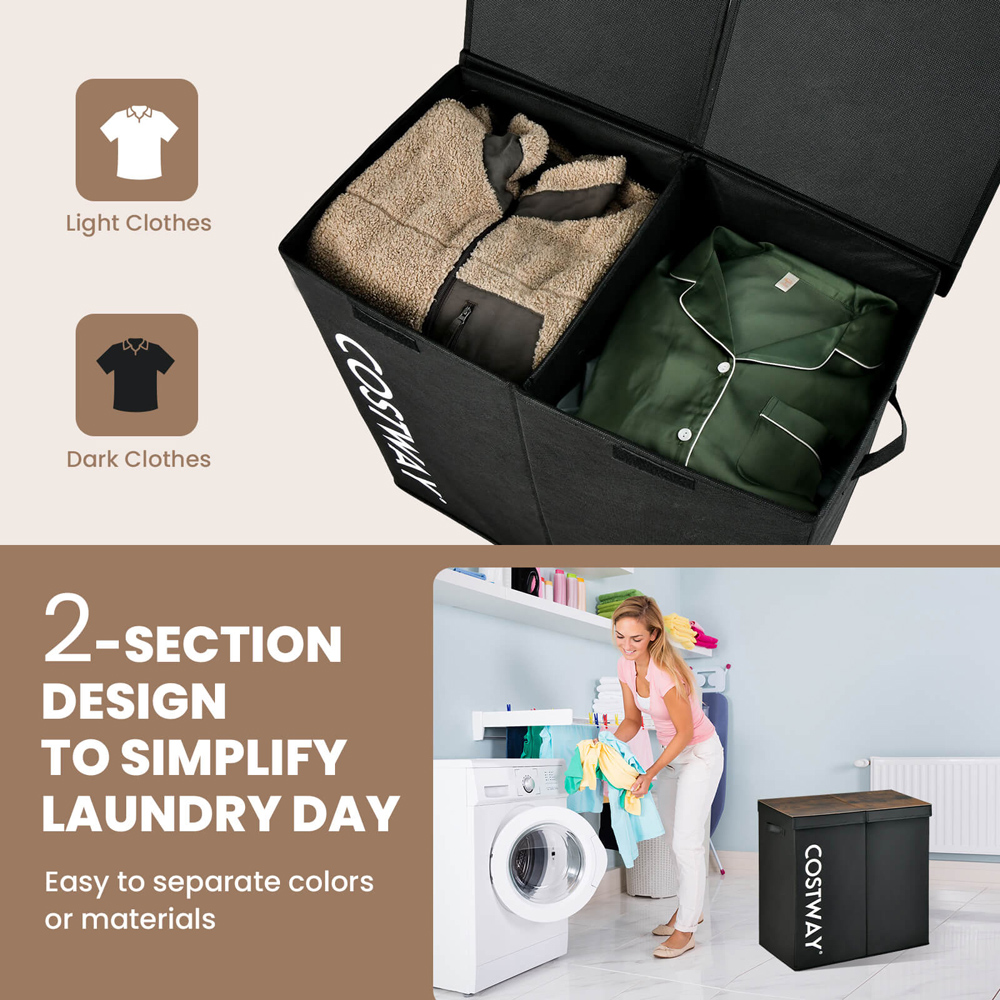 Costway 2 Section Black Laundry Hamper 105L Image 6