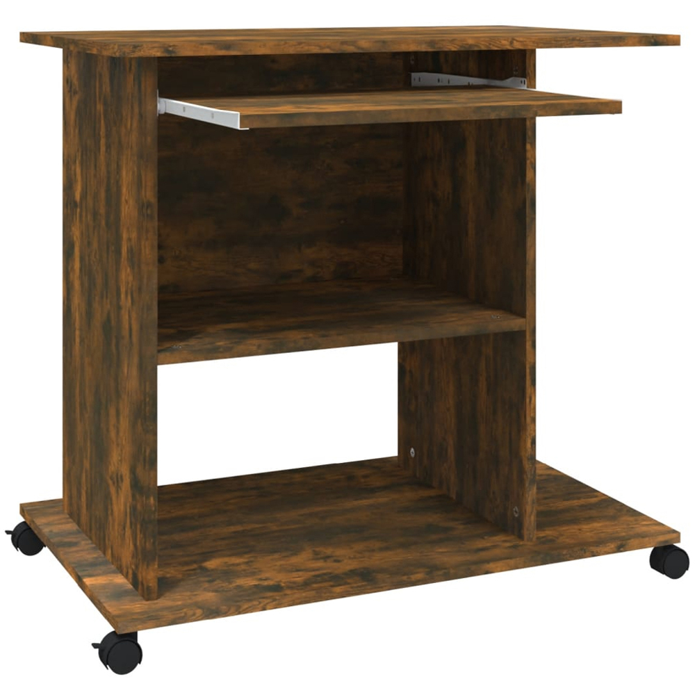 vidaXL 3 Shelf Movable Computer Desk with Keyboard Tray Smoked Oak Image 6