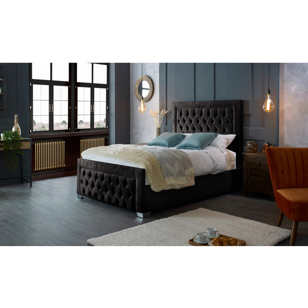 Eleganza Home Gelson Super King Size Black Plush Velvet Bed Frame with Chesterfield Headboard Image 4