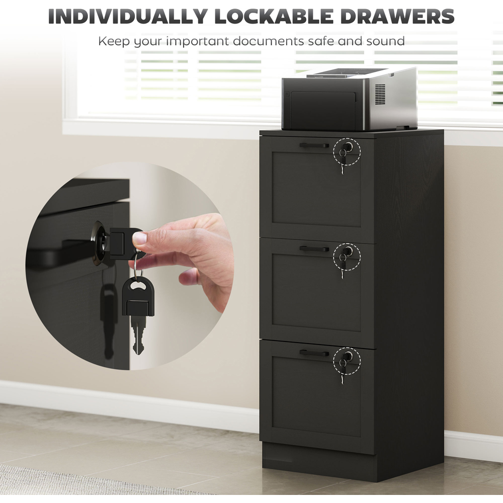Portland 3 Drawer Black Lockable Filing Cabinet with Keys Image 6