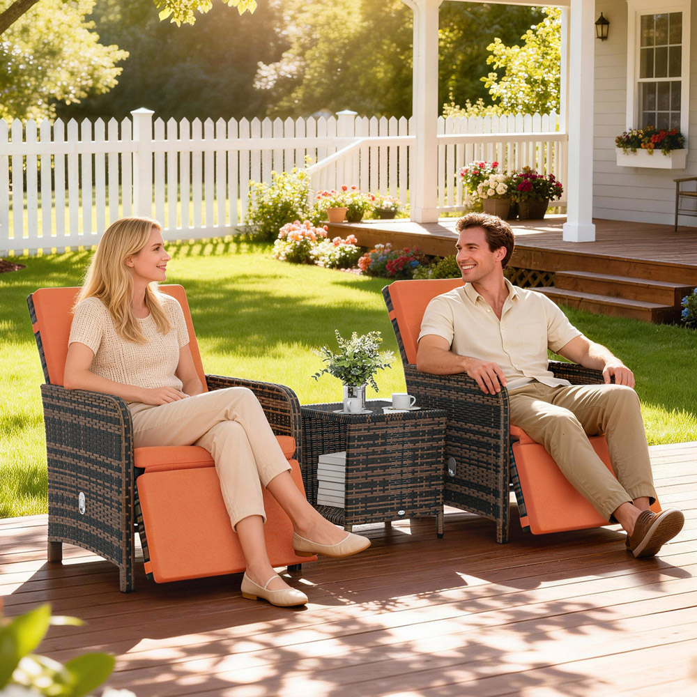 Outsunny 2 Seater Orange PE Rattan Recliner Bistro Set Image 3