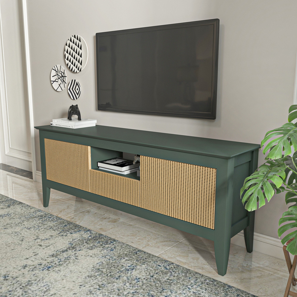 Decorotika Verde 3 Door Single Shelf Green and Rattan TV Unit Image 6