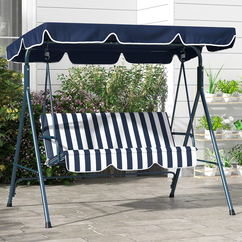 Outsunny 3 Seater Blue and White Swing Chair with Canopy Image 1