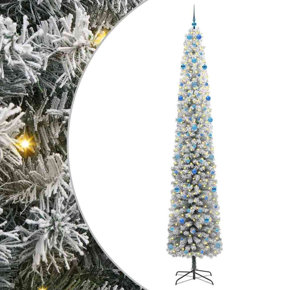 vidaXL 300 LED Pre-Lit Blue Baubles Green Artificial Snow Flocked Christmas Tree 10ft Image 2