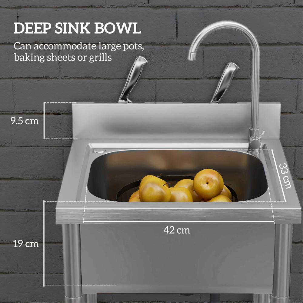 HOMCOM Silver Tone Stainless Steel Utility Sink with Cold and Hot Water Pipe Image 6