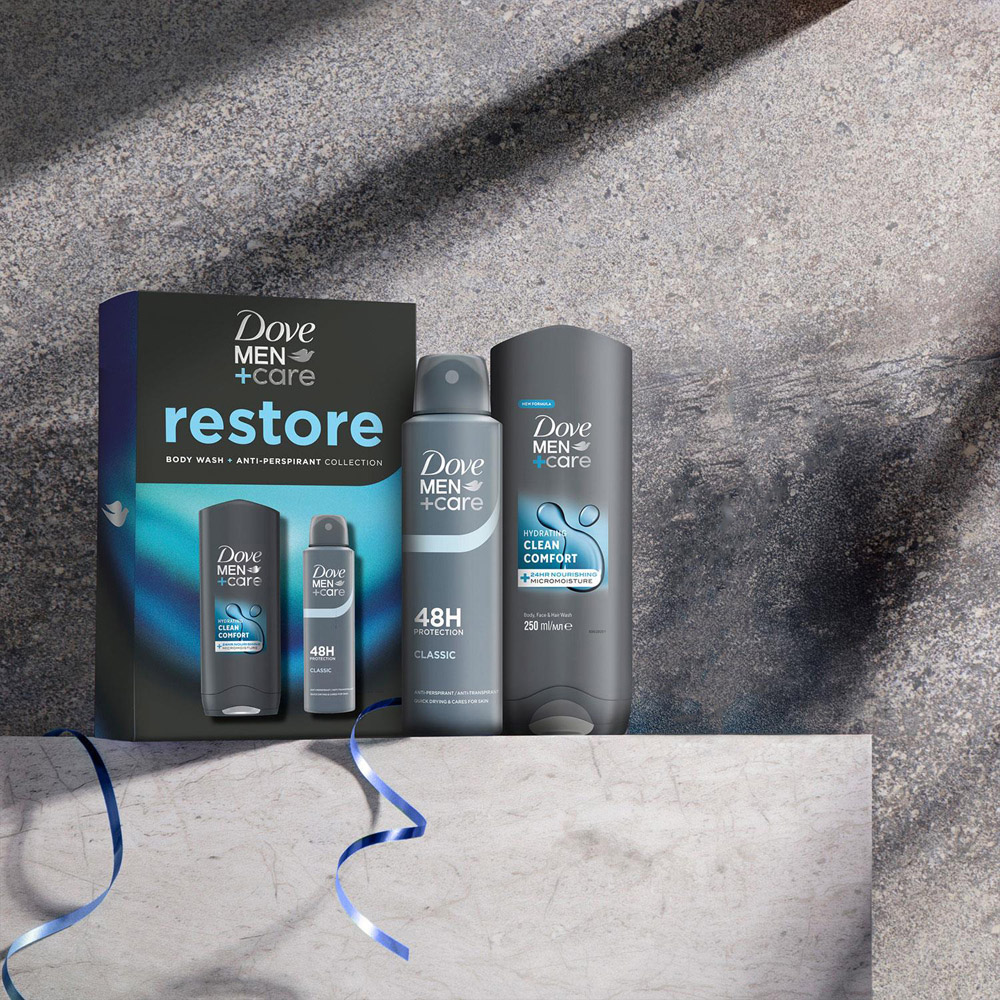 Dove Men+Care Restore Comfort Bodywash and Deodorant Gift Set 3 Pack Image 2