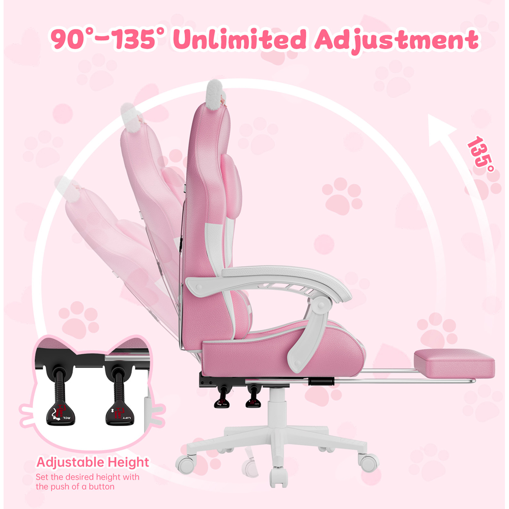Rattrix Pink Cat Ears Gaming Chair with Massage Lumbar Support and Footrest Image 5