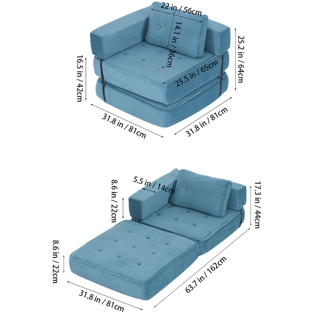 Living and Home Single Seater Blue Foldable Corduroy Upholstered Sofa Bed Image 9