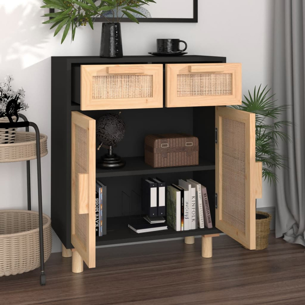 vidaXL 2 Door 2 Drawer Black and Natural Rattan Wooden Sideboard Image 7