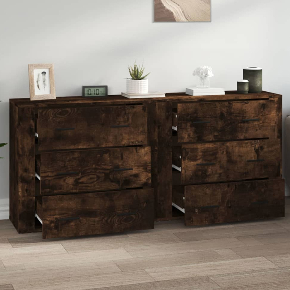 vidaXL 3 Drawer Smoked Oak Sideboard Set of 2 Image 1