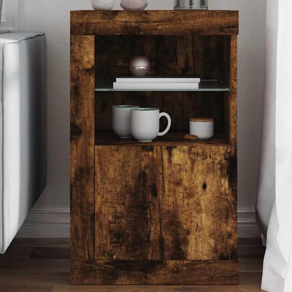 vidaXL Single Door 2 Shelf Smoked Oak Side Cabinet with LED Lights Image 1