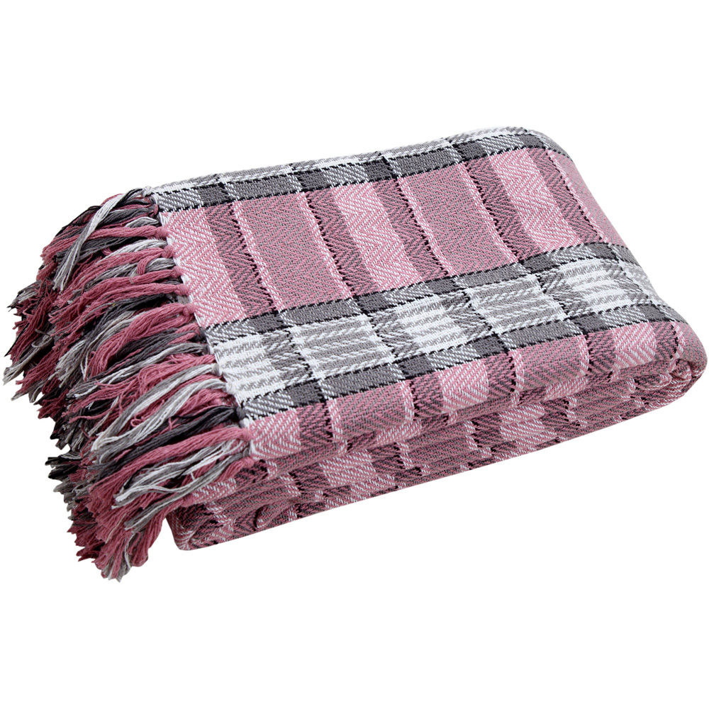 Velosso Blush and Grey Bourbon Check Cotton Woven Tasselled Throw 178 x 254cm Image 1