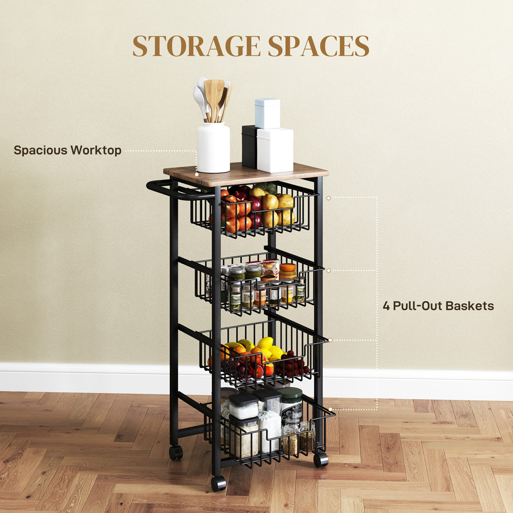 Portland 4 Tier Oak Kitchen Island Trolley with Pull-Out Baskets Image 8
