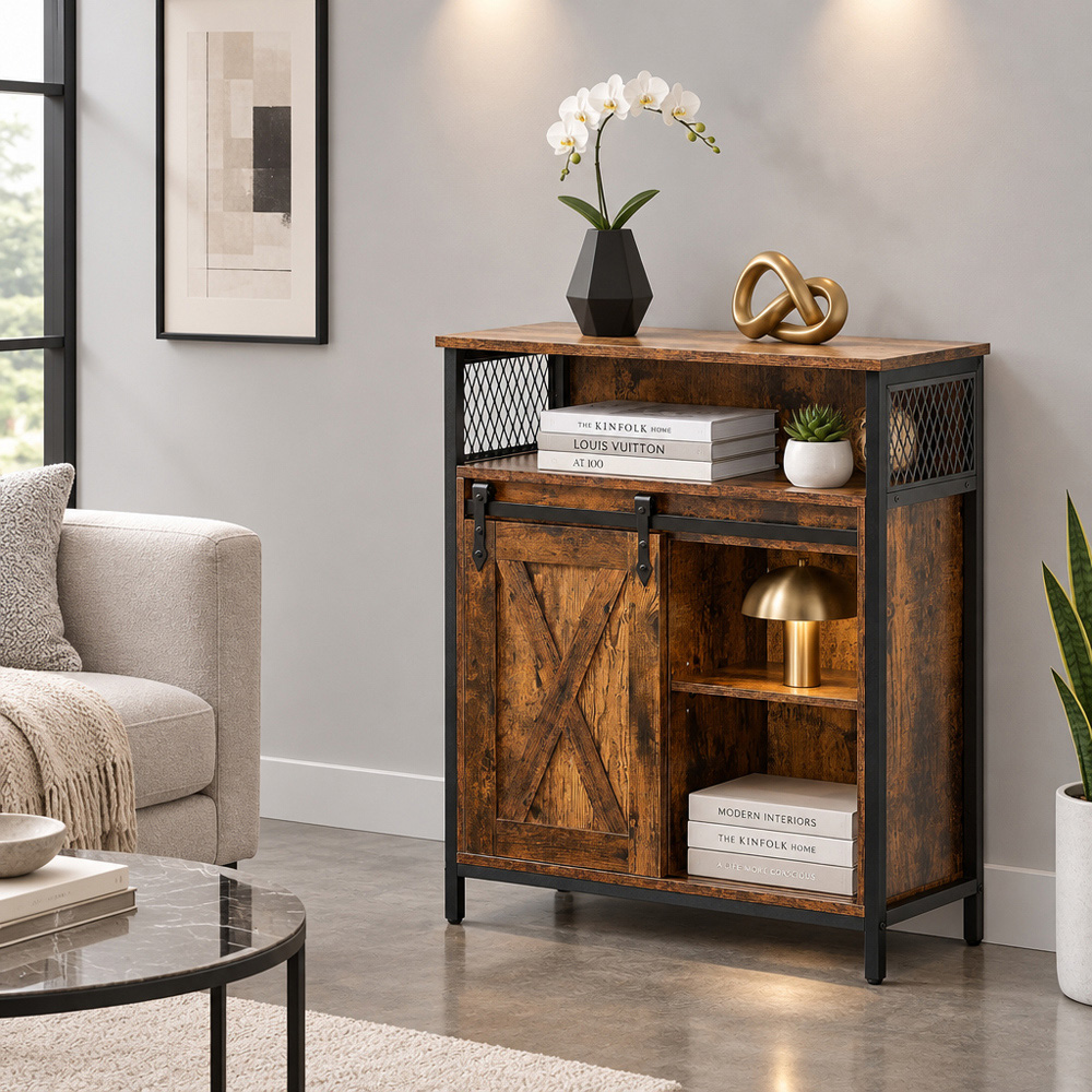 Modcraft Single Sliding Door 3 Shelf Rustic Brown and Black Industrial-Style Storage Cabinet Image 5