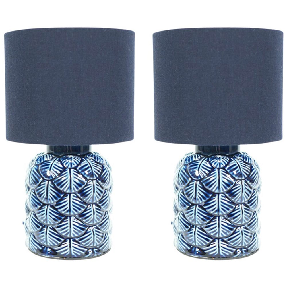 ValueLights Priyah Fabric Shade Navy Ceramic Scallop LED Table Lamp 2 Pack Image 1