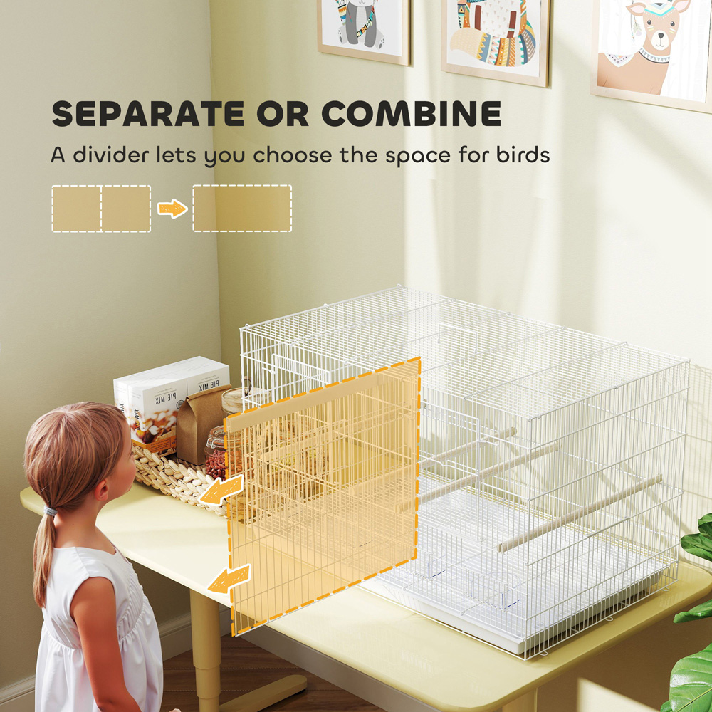 PawHut White 4 Wooden Perches Bird Cage with Divider Image 4