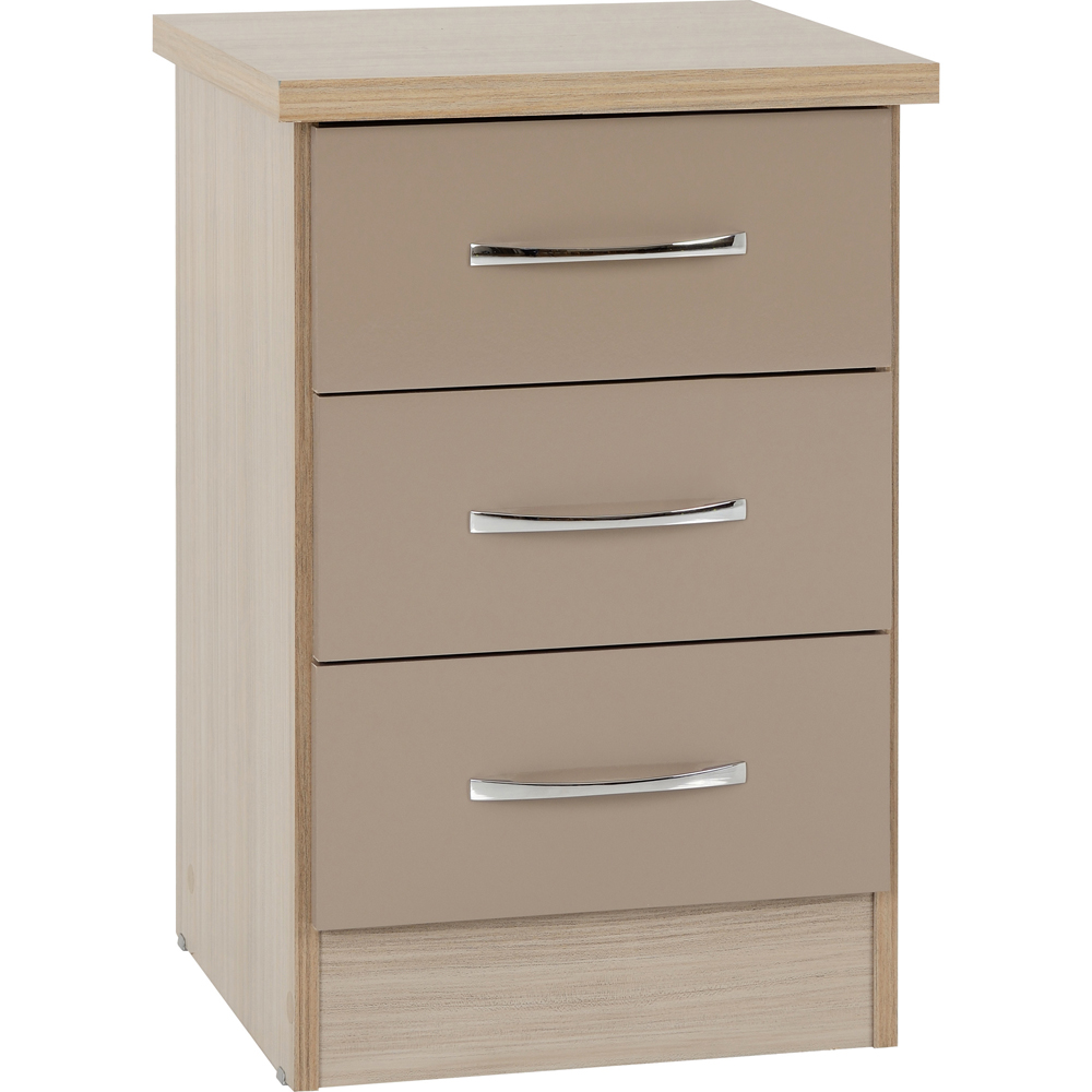 Seconique Nevada 3 Drawer Oyster Gloss and Light Oak Veneer Bedside Table Image 2