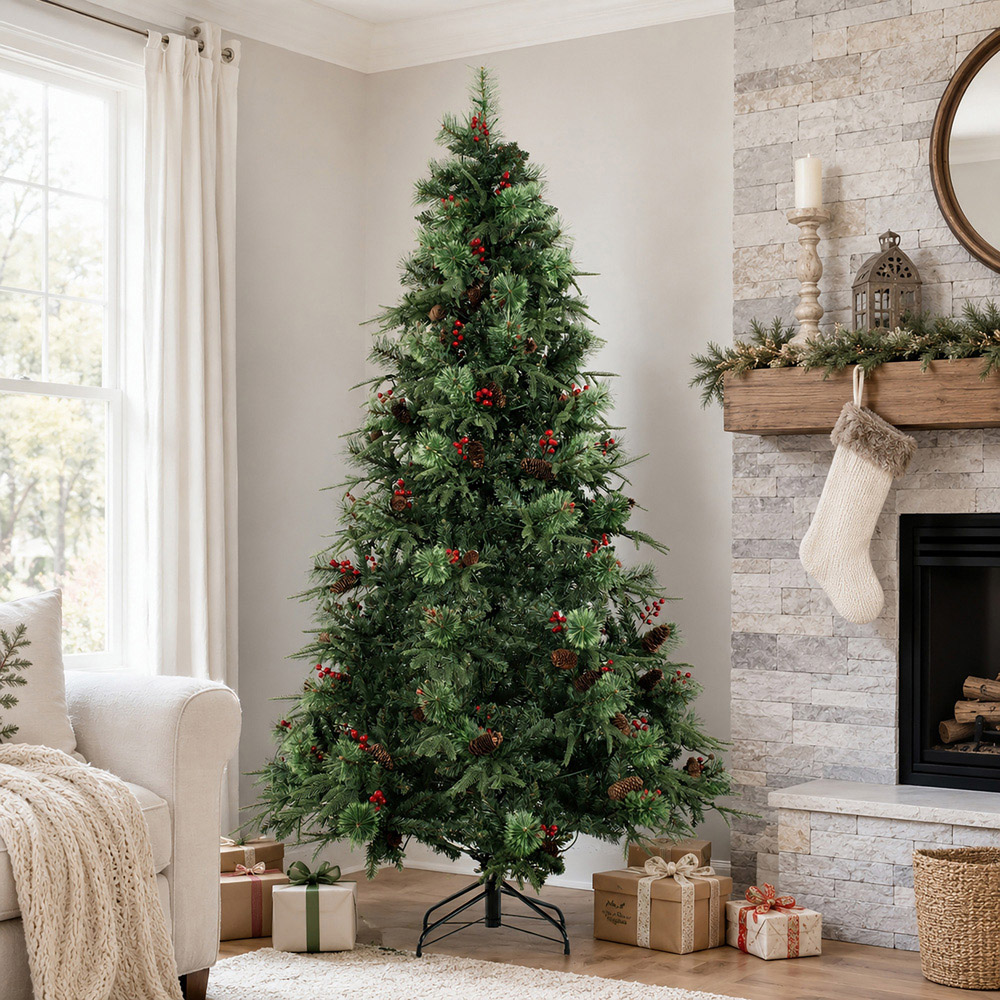 Abrihome Green Artificial Christmas Tree with Berries and Pinecones 6ft Image 2