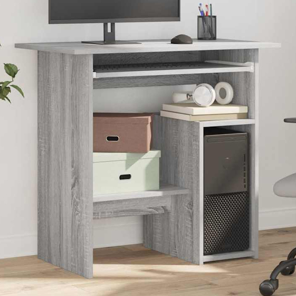 vidaXL 3 Shelf Computer Desk with Keyboard Tray Grey Sonoma Image 1