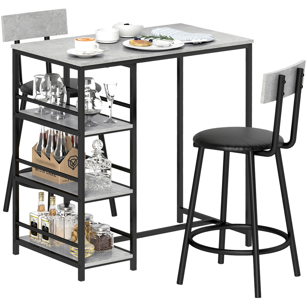 HOMCOM 2 Seater 3 Shelf Light Grey Breakfast Bar Table Set Image 2