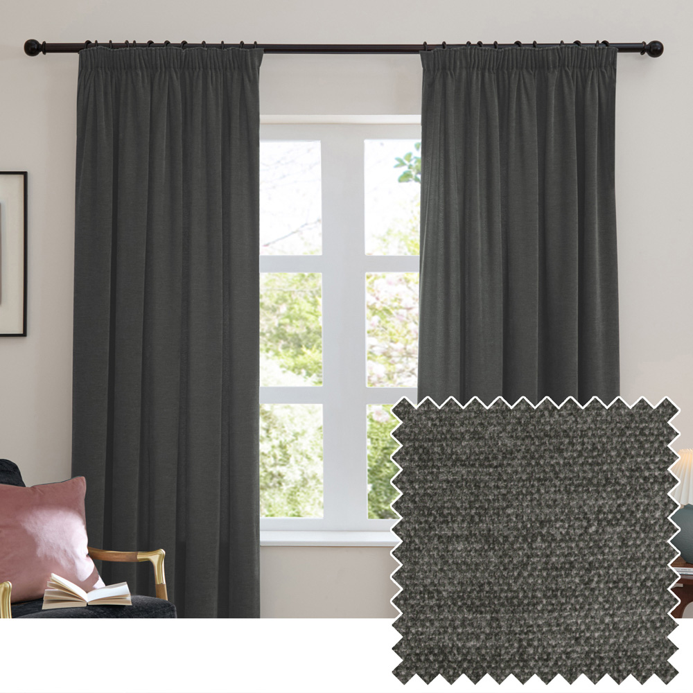Furn Soft Chenille Charcoal Blackout Pencil Pleat Curtains 229 x 229cm Image 6