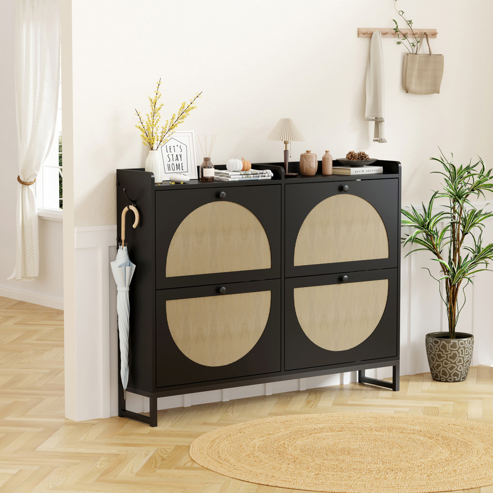FurnitureHMD 4 Door Black Rattan Shoe Storage Cabinet Image 8