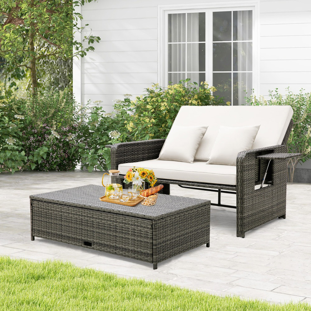 Costway White Wicker Loveseat Ottoman Sofa with Retractable Side Tray Image 3