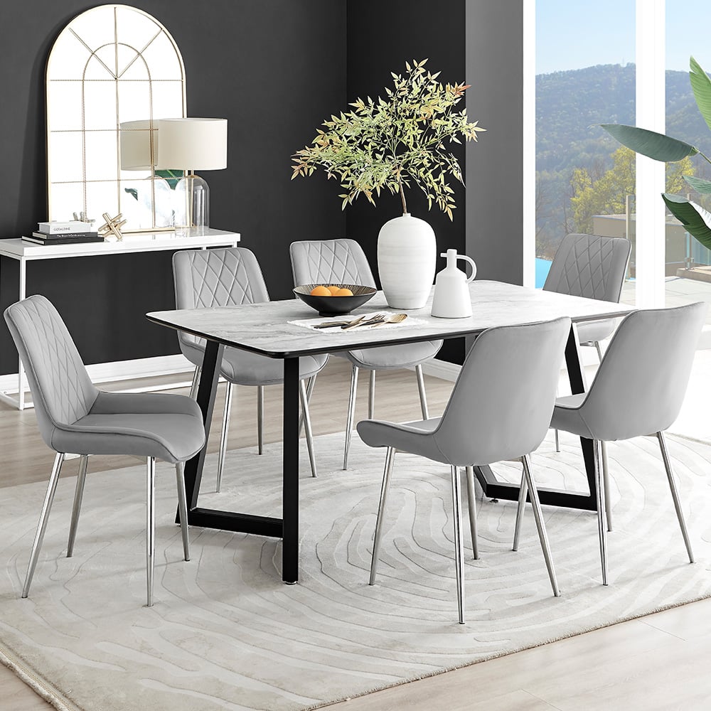 Furniturebox Copeland Cesano Marble Effect 6 Seater Dining Set White Grey and Chrome Image 1