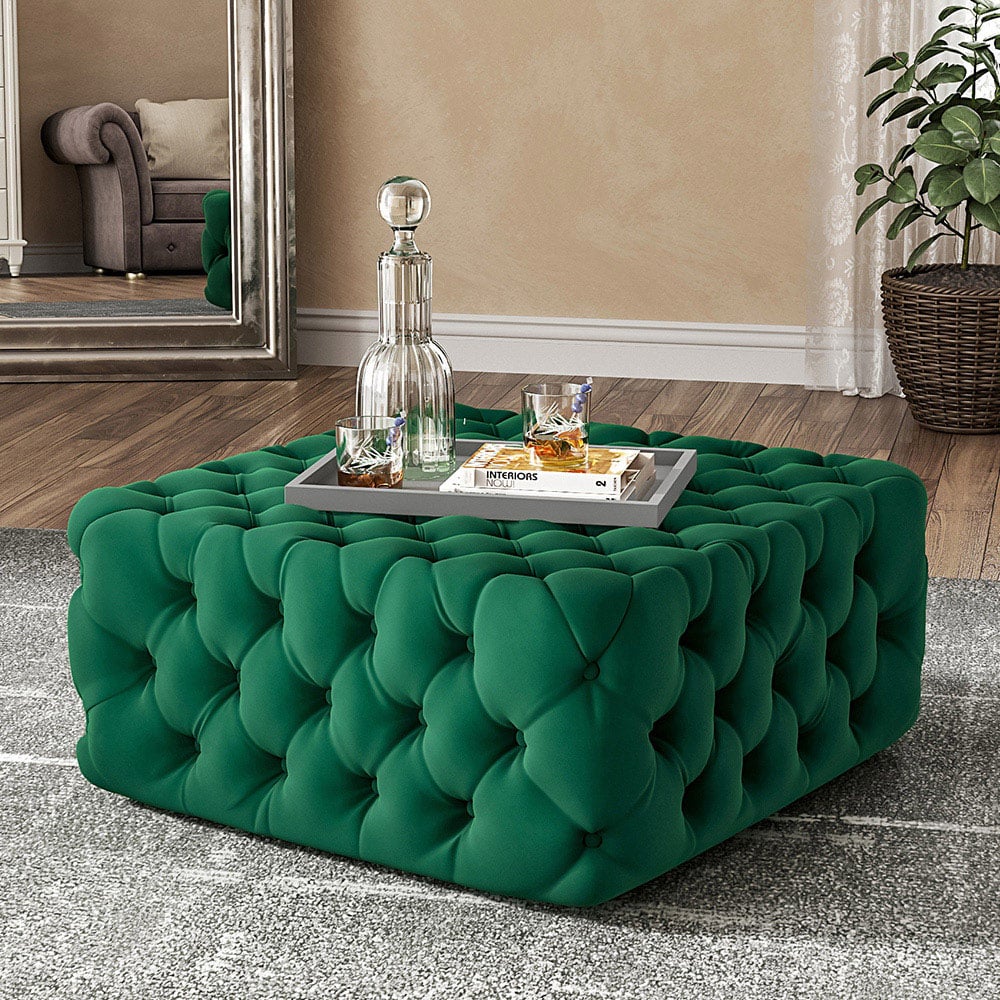 Living and Home Green Velvet Deep Buttoned Footstool Image 6