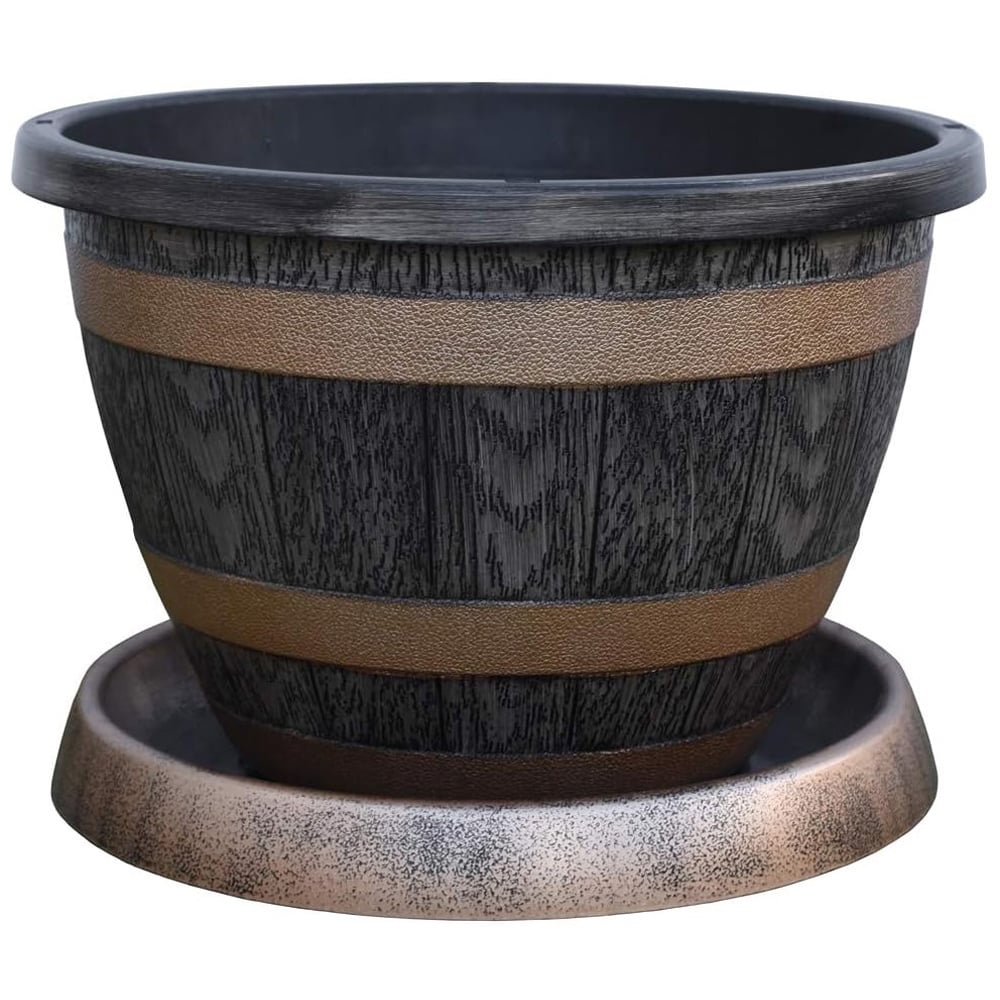 Garden Gear Wooden Barrel Effect Flowerpot and Saucer Image 1
