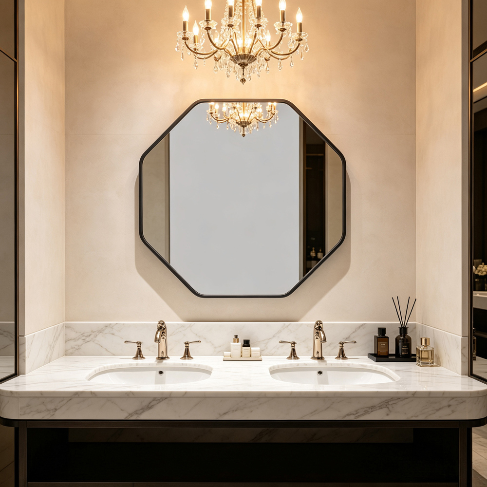 Living and Home Black Hexagonal Aluminium Framed HD Float Glass Bathroom Mirror 50 x 50cm Image 2