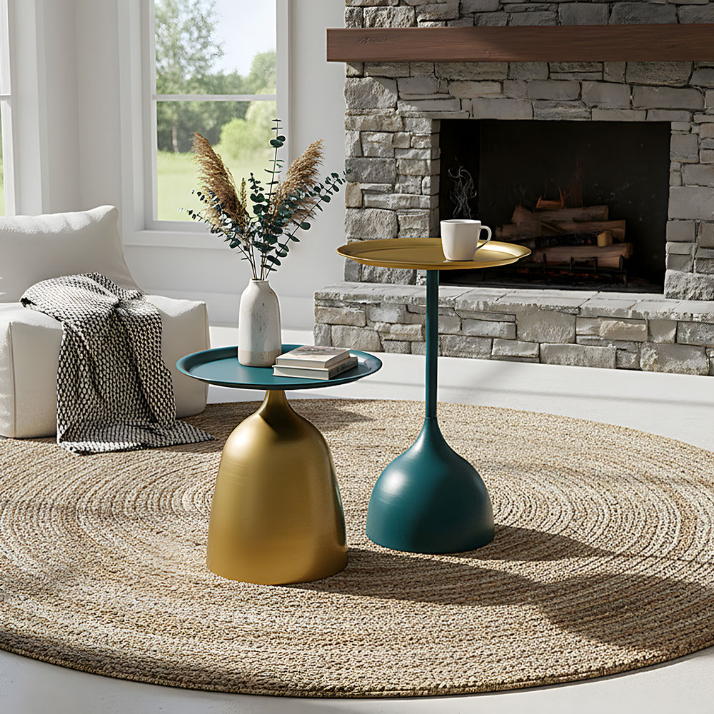 Living and Home Deep Teal and Gold Round Side Table Set of 2 Image 7