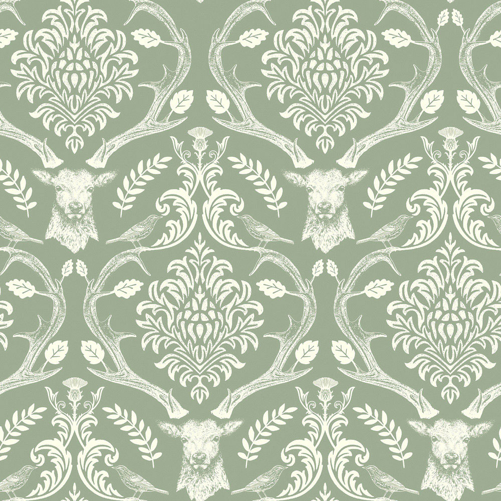 Arthouse Stag Damask Sage Green Wallpaper Image 1
