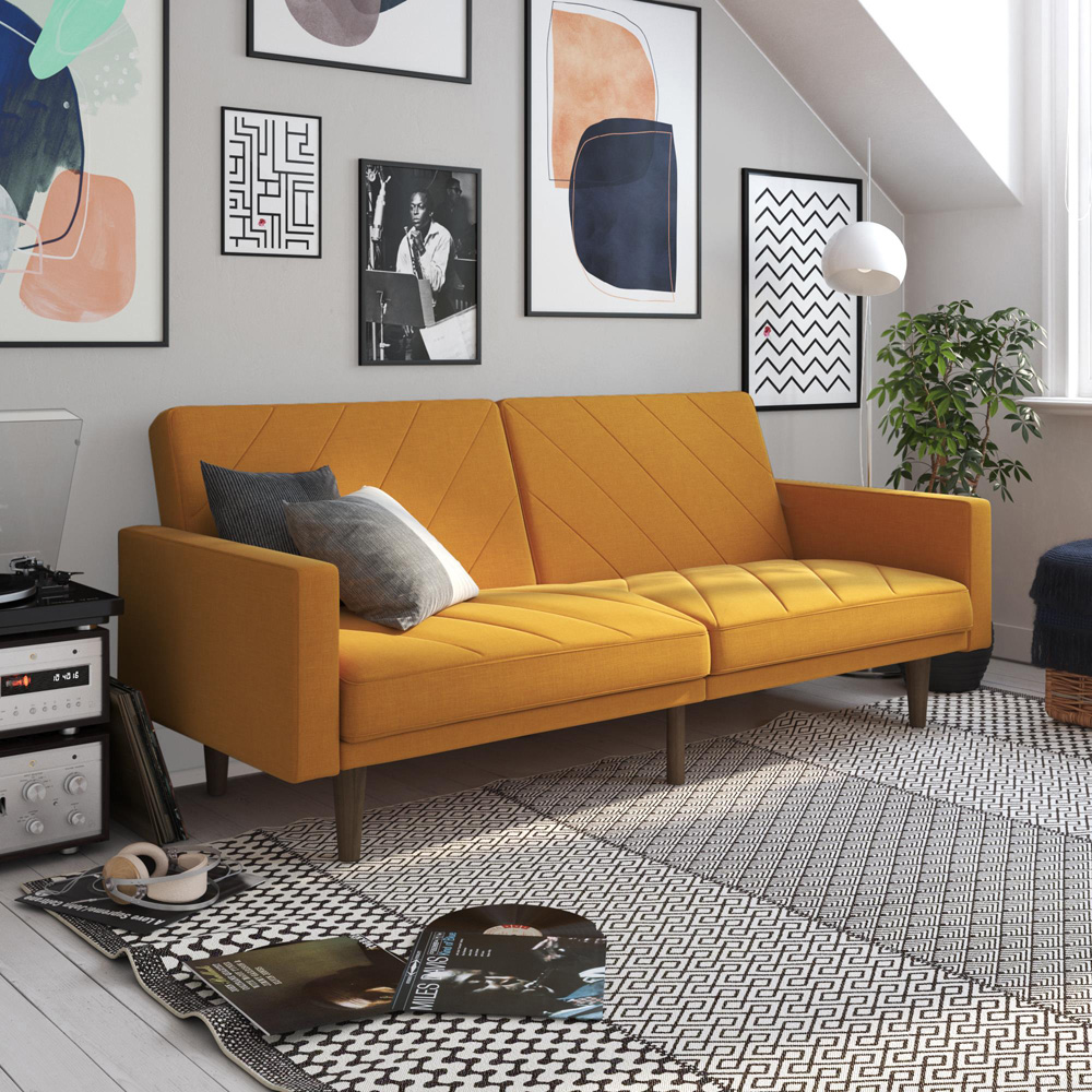 Dorel Paxson 3 Seater Linen Mustard Sofa Bed with Wooden Feet Image 7