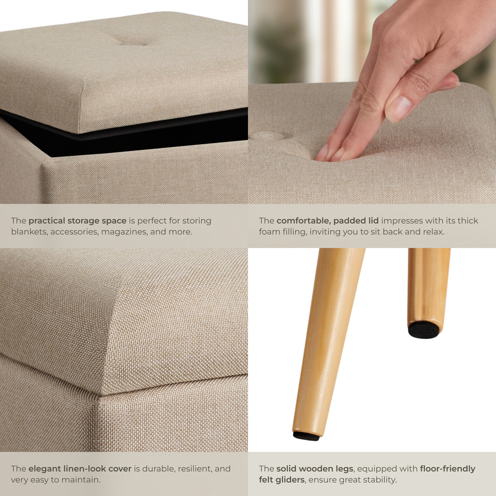 tectake Elva Sand Linen Look Padded Stool with Storage Image 5