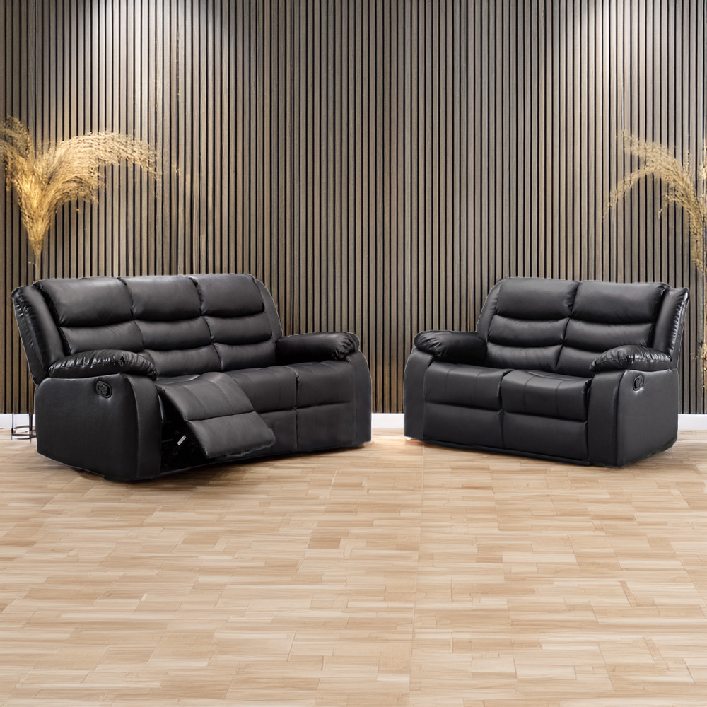 Portland Venice 5 Seater Black Leather Manual Recliner Sofa Suite Image 1