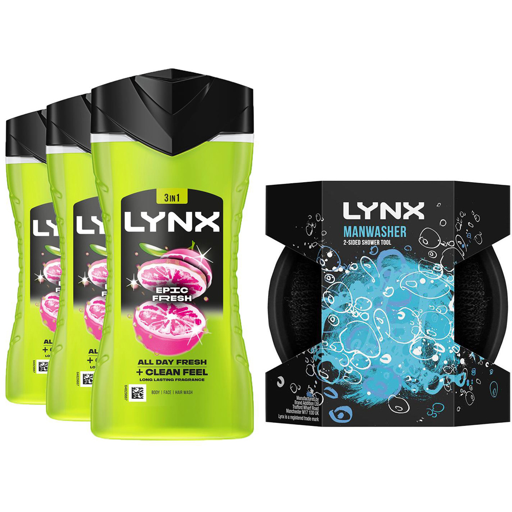 Lynx Epic Fresh Shower Gel with Manwasher 2-Sided Shower Tool 225ml 3 Pack Image 1
