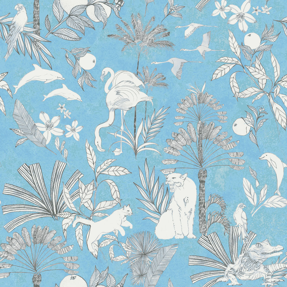 furn. Colony Palm King Size Blue Botanical Duvet Cover Set Image 4