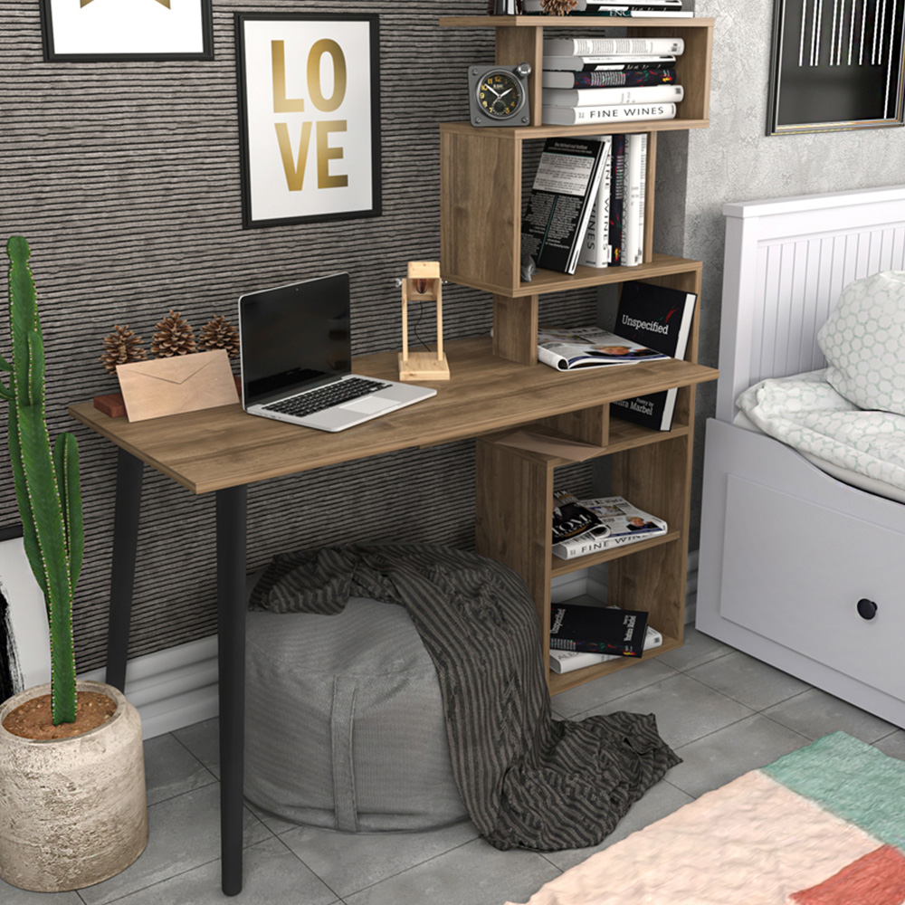 Decorotika Vina 7 Shelf Computer Desk with Bookcase Walnut Image 1