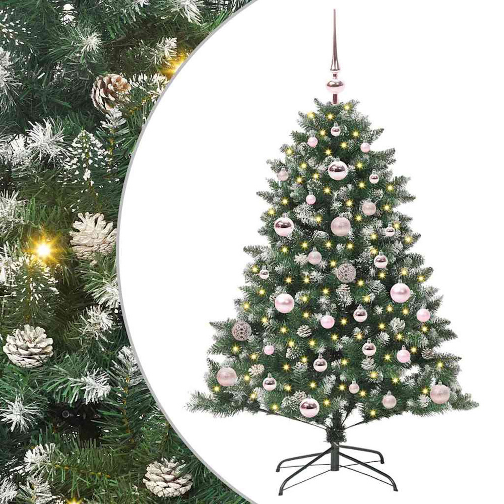vidaXL Pre-Lit Pink Bauble Pinecones Green Snow Flocked Artificial Christmas Tree 4ft Image 6