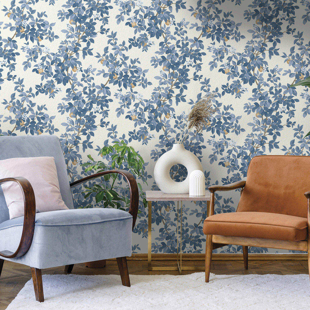 Holden Decor Orange Tree Blue and White Wallpaper Image 3