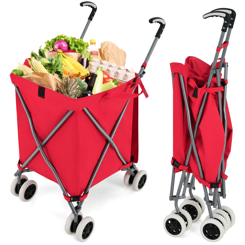 Costway 90L Red Folding Shopping Trolley with Removable Waterproof Bag and Cover Image 3