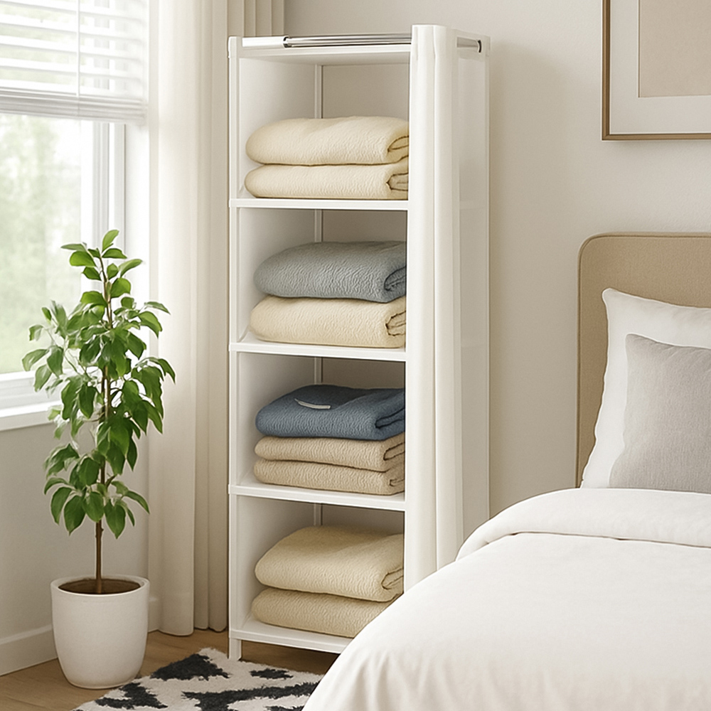 Living and Home 4-Tier White Freestanding Portable Wardrobe with Curtain Image 1